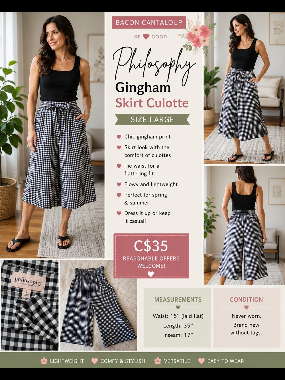 Philosophy Gingham Skirt Culotte in Black & White - Size Large